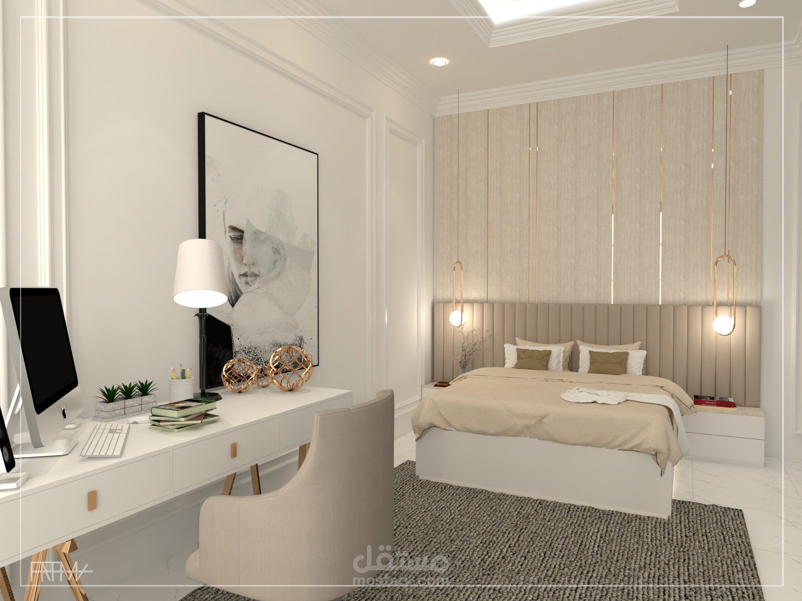 تصميم غرفة نوم رئيسية مدرن مع حمام وغرفة ملابس