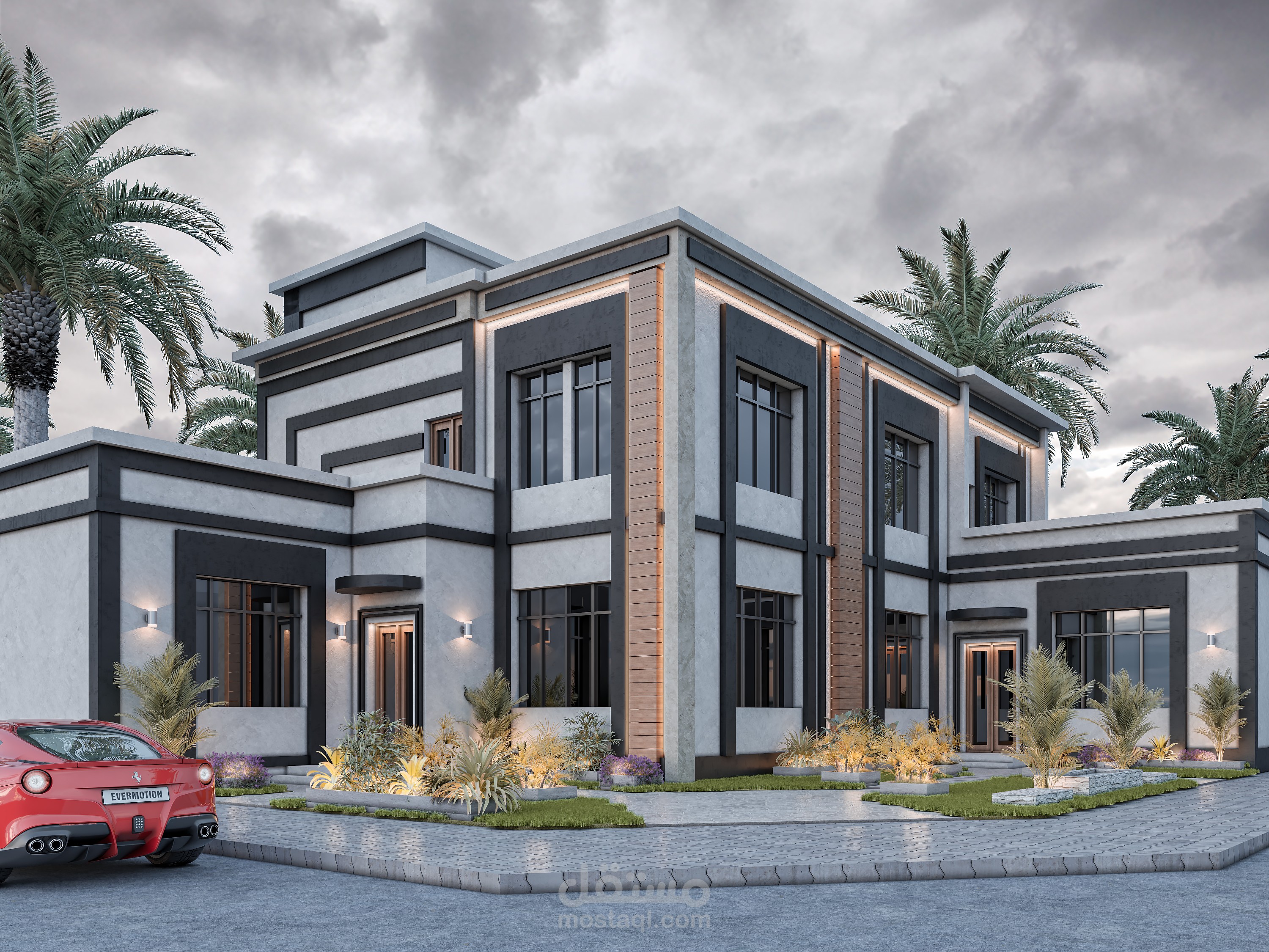 تصميم خارجي لفيلا مع اللاند سكايب في المملكة العربية السعودية