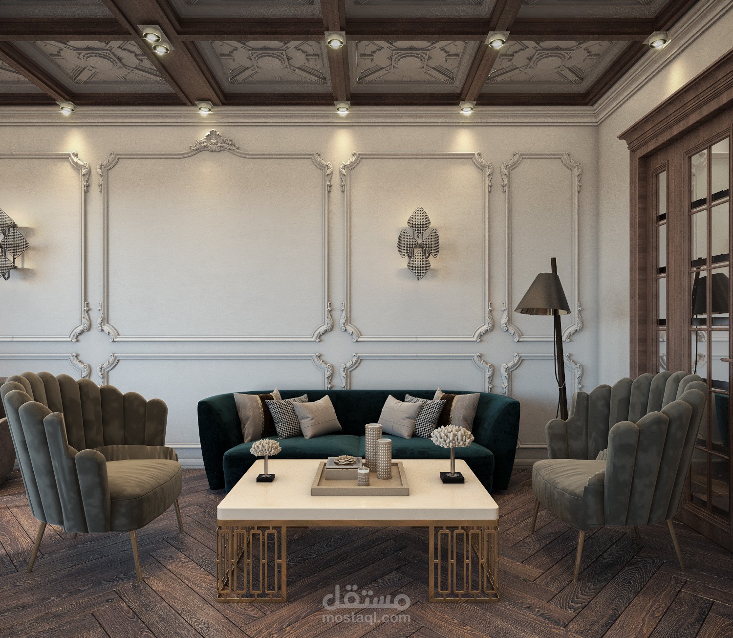 تصميم داخلي لغرفة معيشة وغرفة ضيوف بنمط نيو كلاسيك