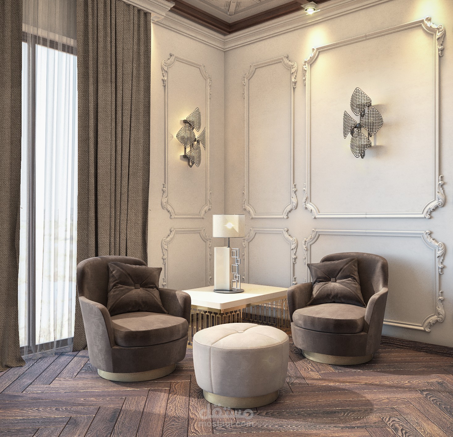 تصميم داخلي لغرفة معيشة وغرفة ضيوف بنمط نيو كلاسيك