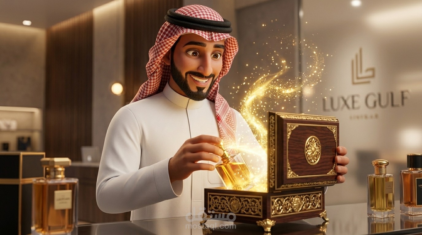 إعلان عطور فاخر بأسلوب موشن جرافيك وإخراج إعلاني حديث تم تصميمه باستخدام الذكاء الاصطناعي.