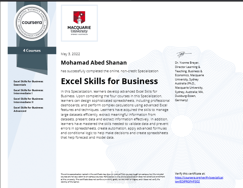شهادة الاختصاص في مهارات الإكسل المتقدم من جامعة ماكواري  الاسترالية