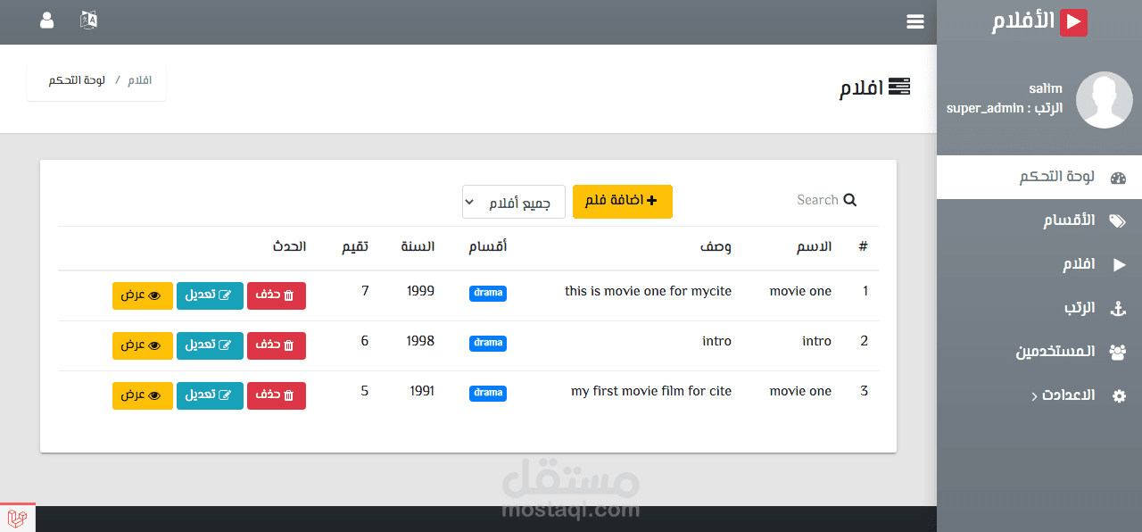 لوحة تحكم لأفلام