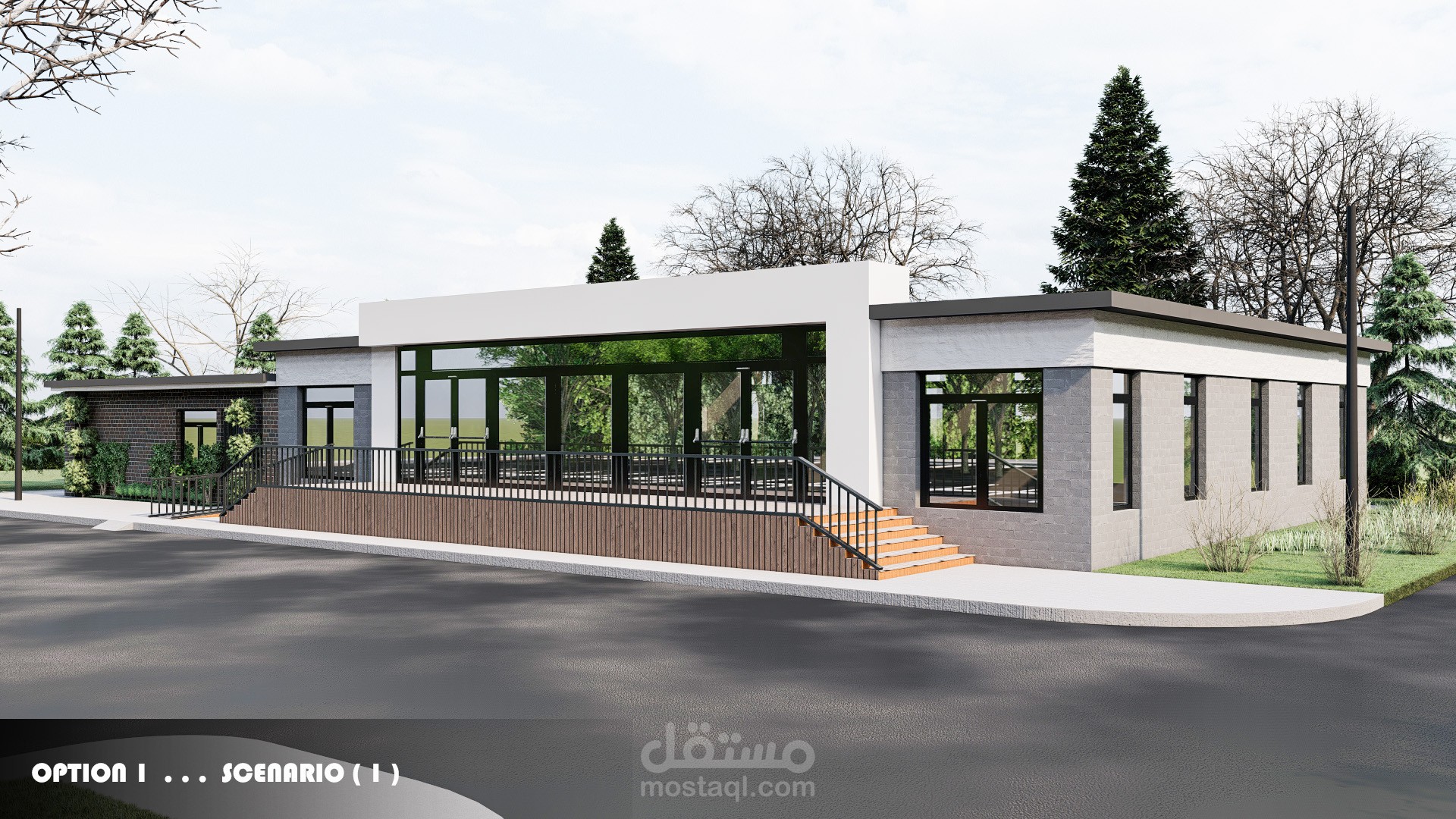 تصميم خارجي لمبنى تجاري مكون من دور واحد