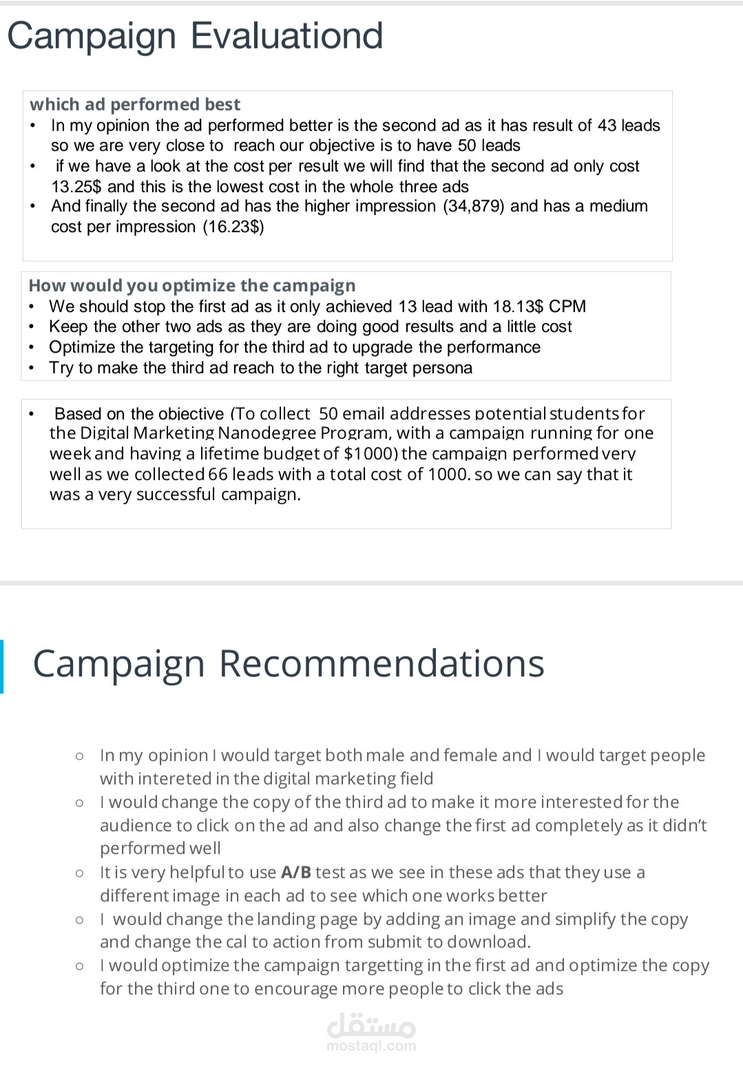Facebook ad campaign evaluation