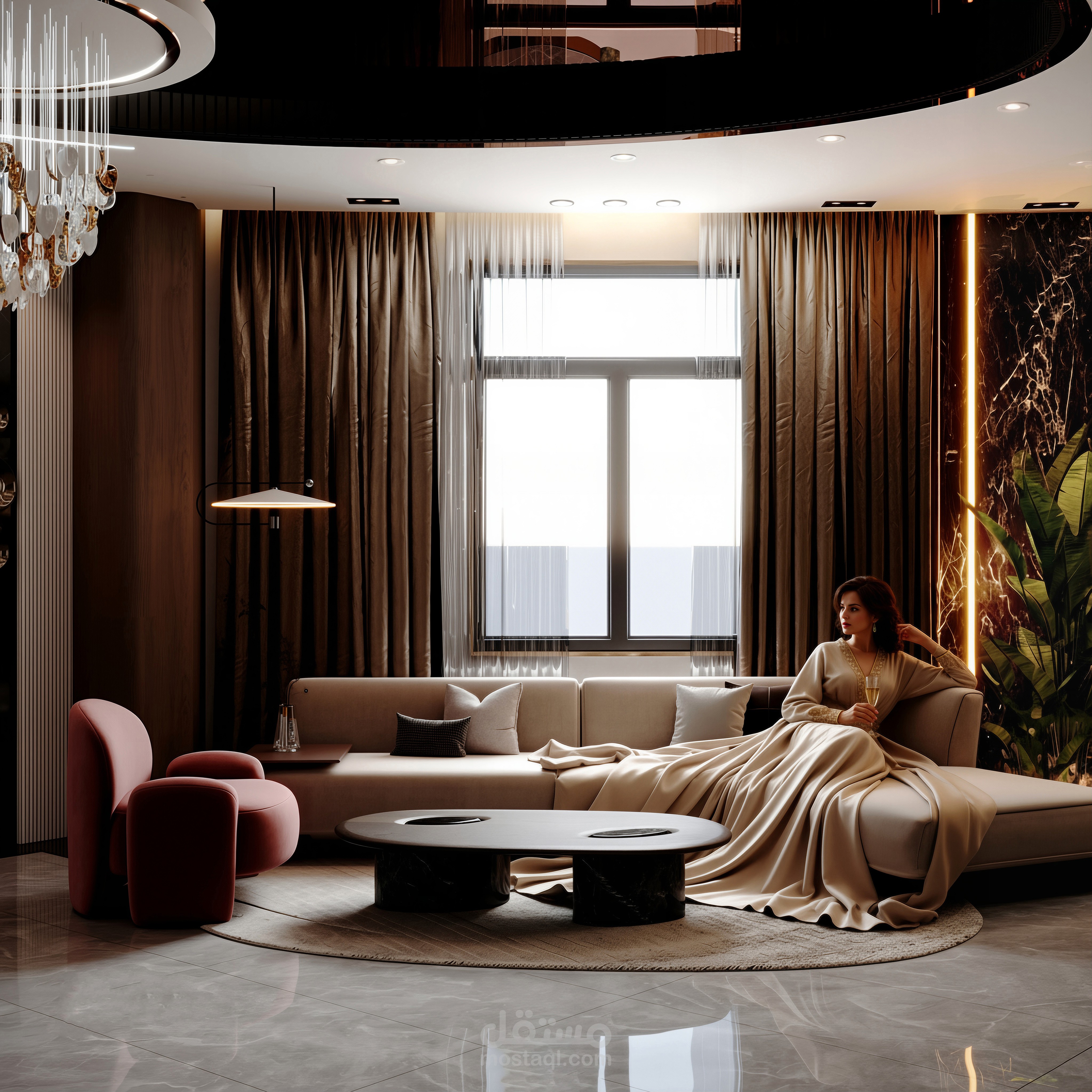 تصميم صالة استقبال مكونة من 3 نشاطات (صالون - استقبال-صالة طعام)