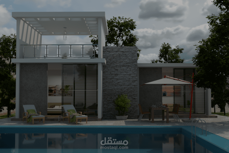 اخراج 3D لشالية سياحي مع التشطيب والمواد