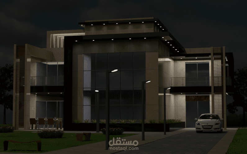اخراج 3d لمبنى فيلا سكنية مع تشطيب المواد  والخامات والاضاءة