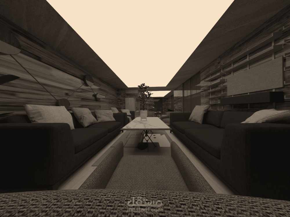 تصميم غرفة سكنية بمطبخ أمريكي و منطقة جلوس