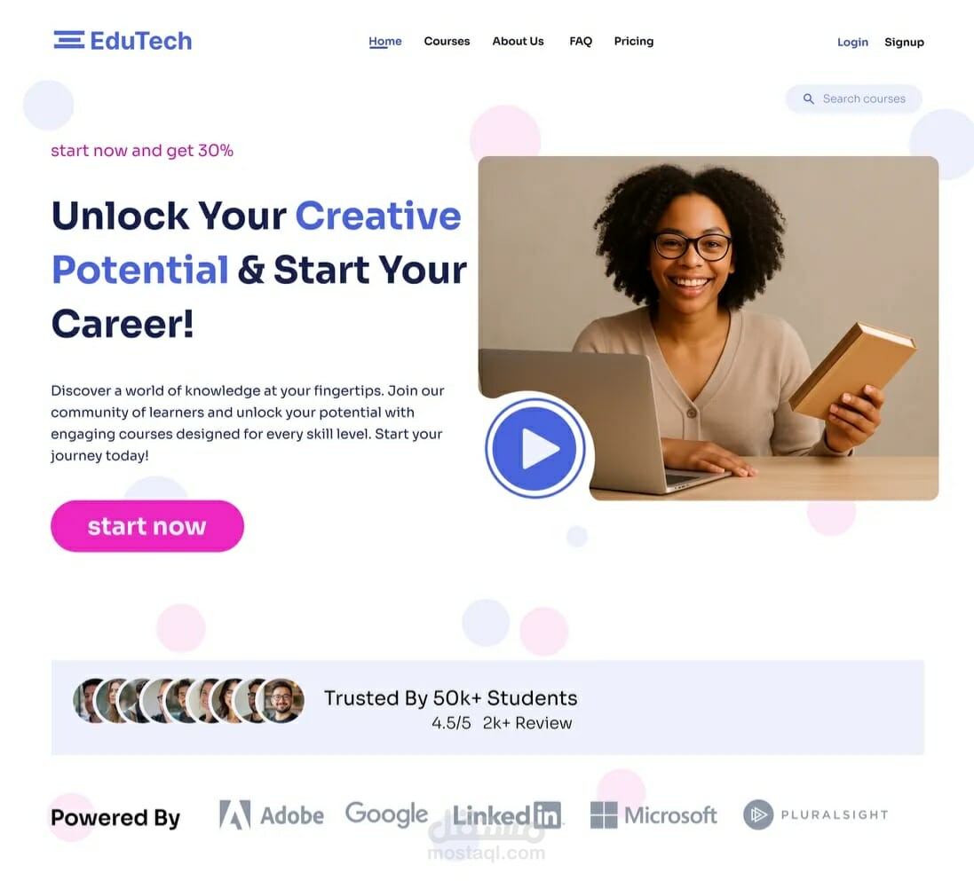 تصميم UX/UI لمنصة تعليم الكتروني متطورة (E-learning) (Hi-Fi & Lo-Fi Prototyping).
