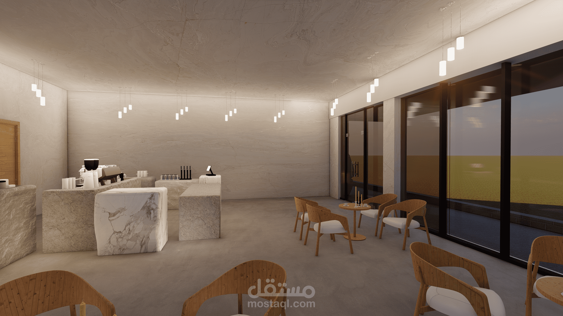 تصميم فيديو لمقهى استخدم بتصميمه حجر الترافرتين المميز