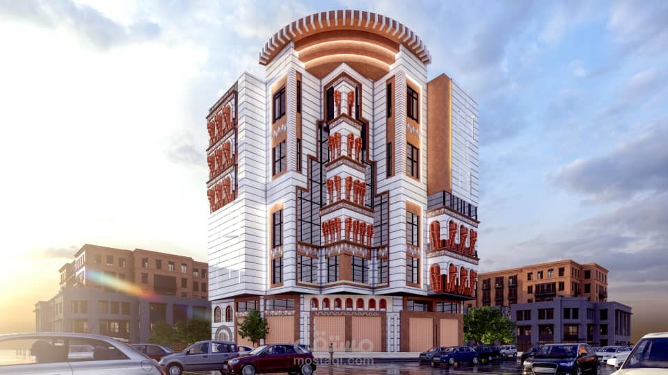 واجهة منظورية لعمارة ادارية تجارية ذات طابع معماري يجمع بين الطراز الكلاسيكي والحديث بلمسة عصرية مميزة