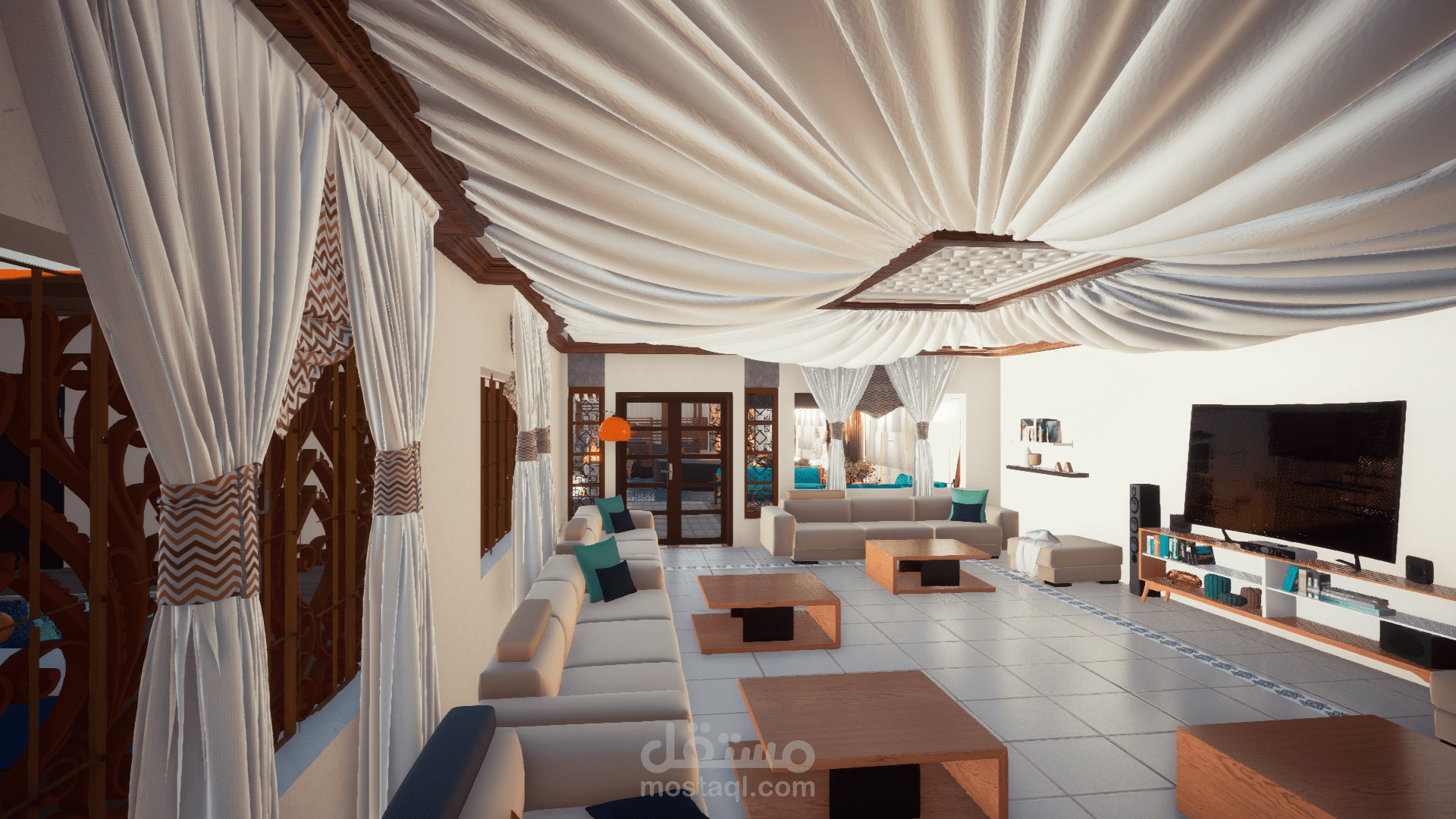 تصميم داخلي لمجلس رجال يحاكي تصميم الخيمة .