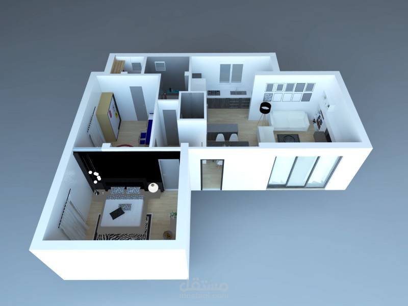 اظهار ثلاثي الابعاد لشقة صغيرة بغرفتين