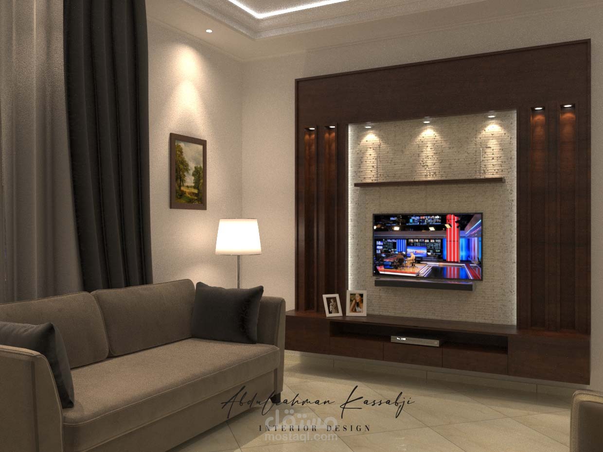 تصميم ورسم ثلاثي الأبعاد لغرفة معيشة في سوريا