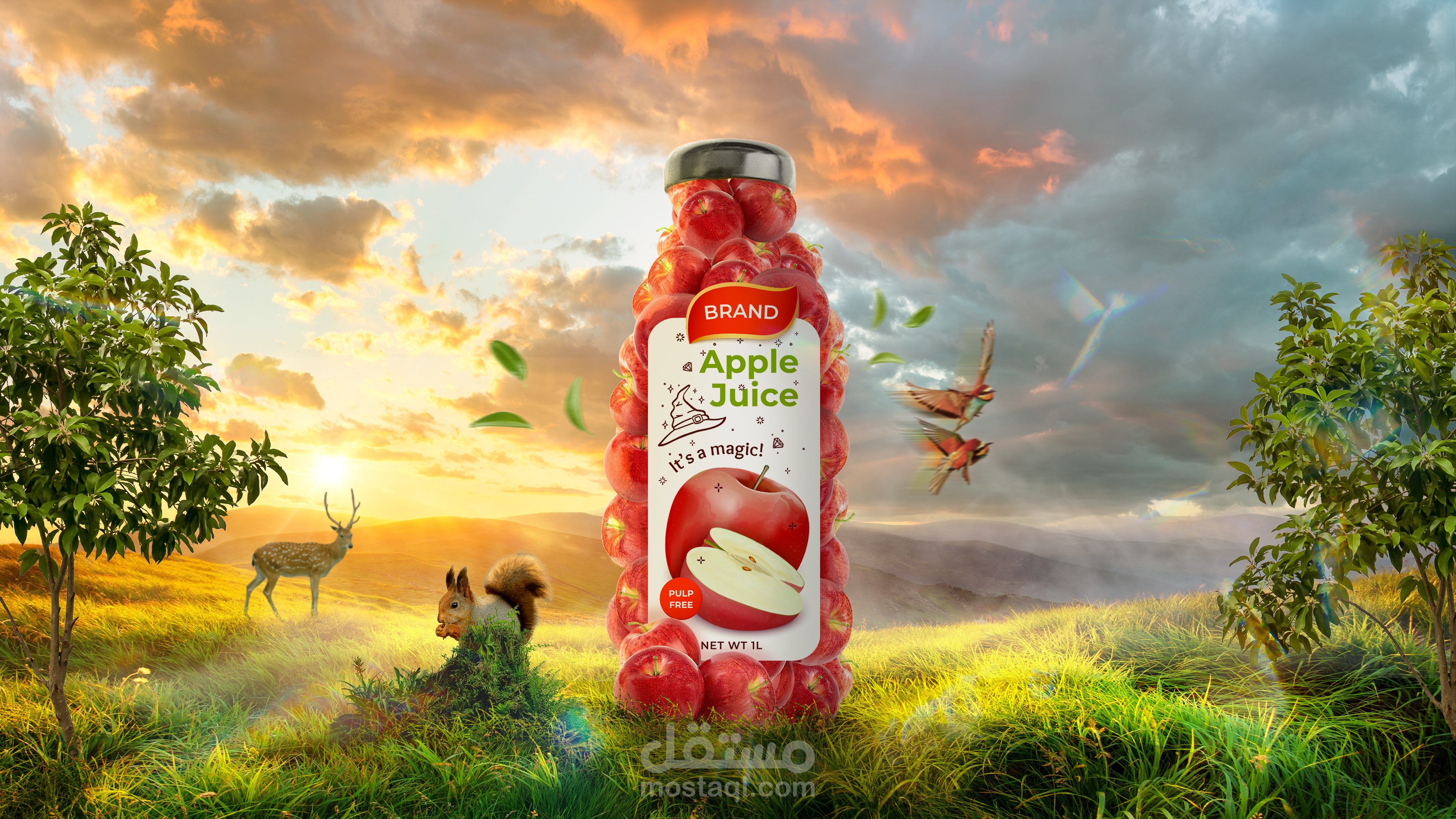 غابة من النقاء… إعلان عصير تفاح بتصميم بصري جذاب