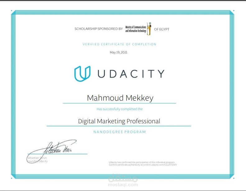 Certification from udacity in digital marketing Professional Track