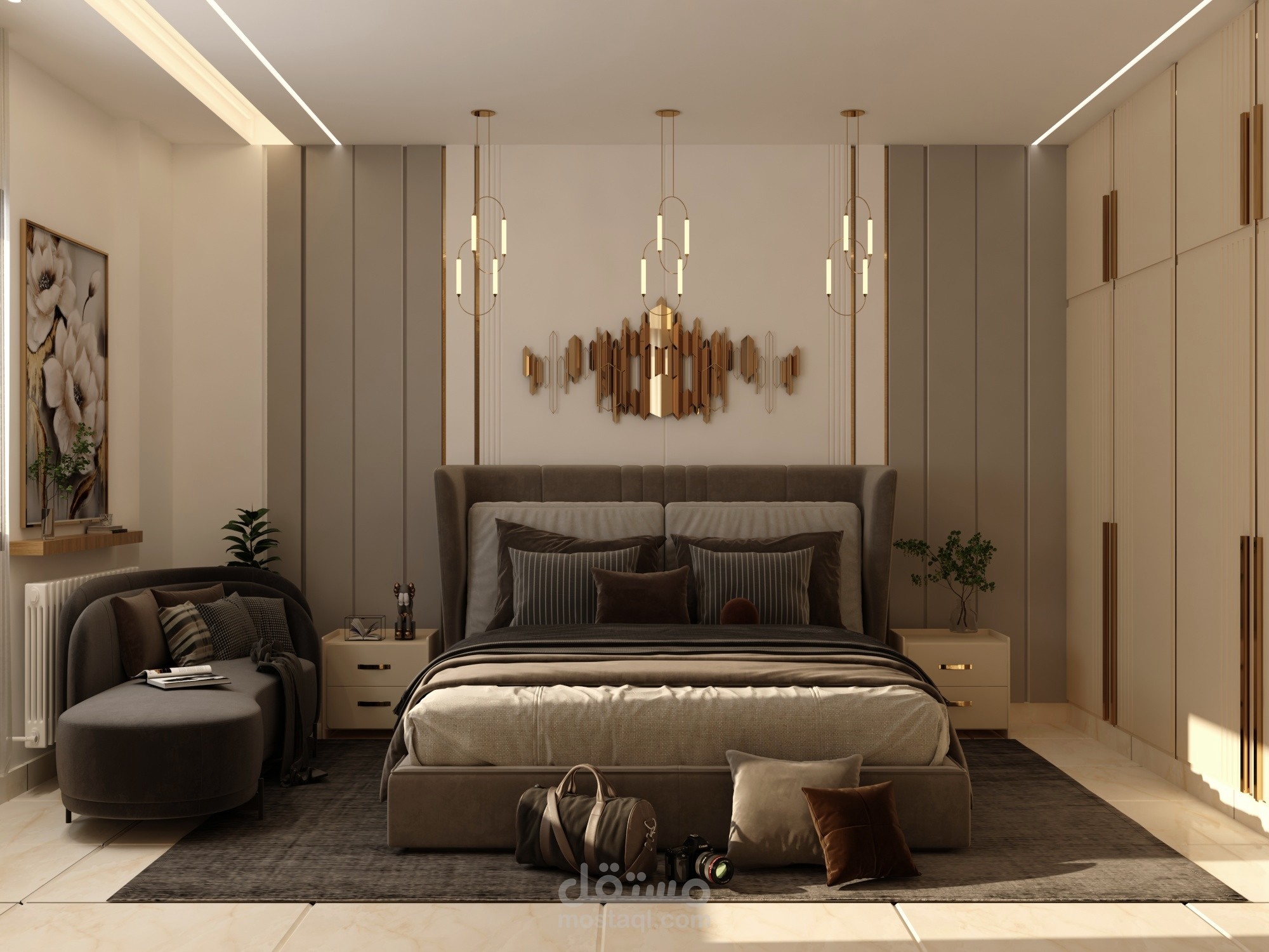 تصميم الديكور الداخلي لغرفة نوم ماستر بمساحة ٢٢ متر مربع