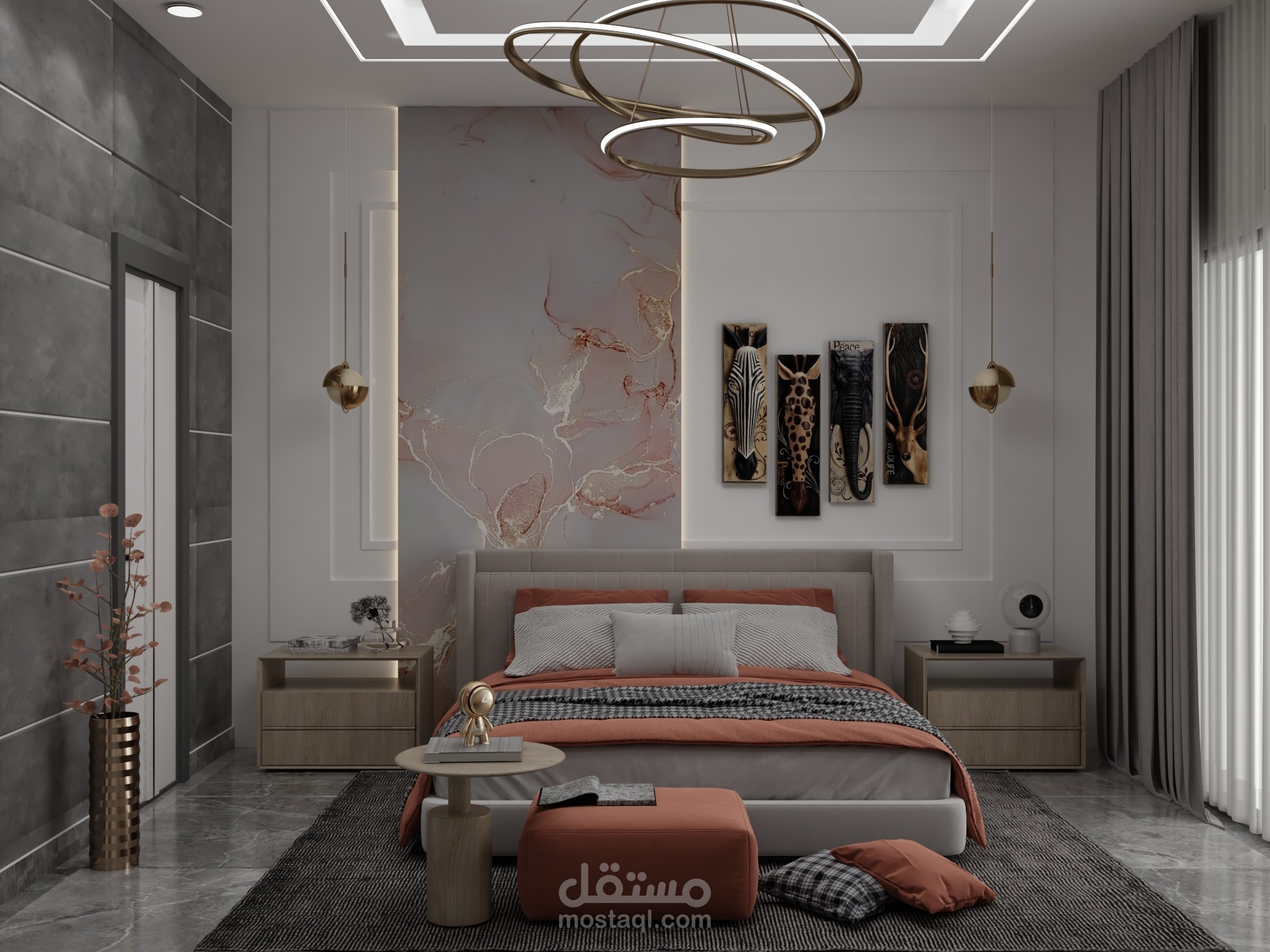 تصميم الديكور الداخلي لغرفة نوم ماستر بمساحة 18متر مربع