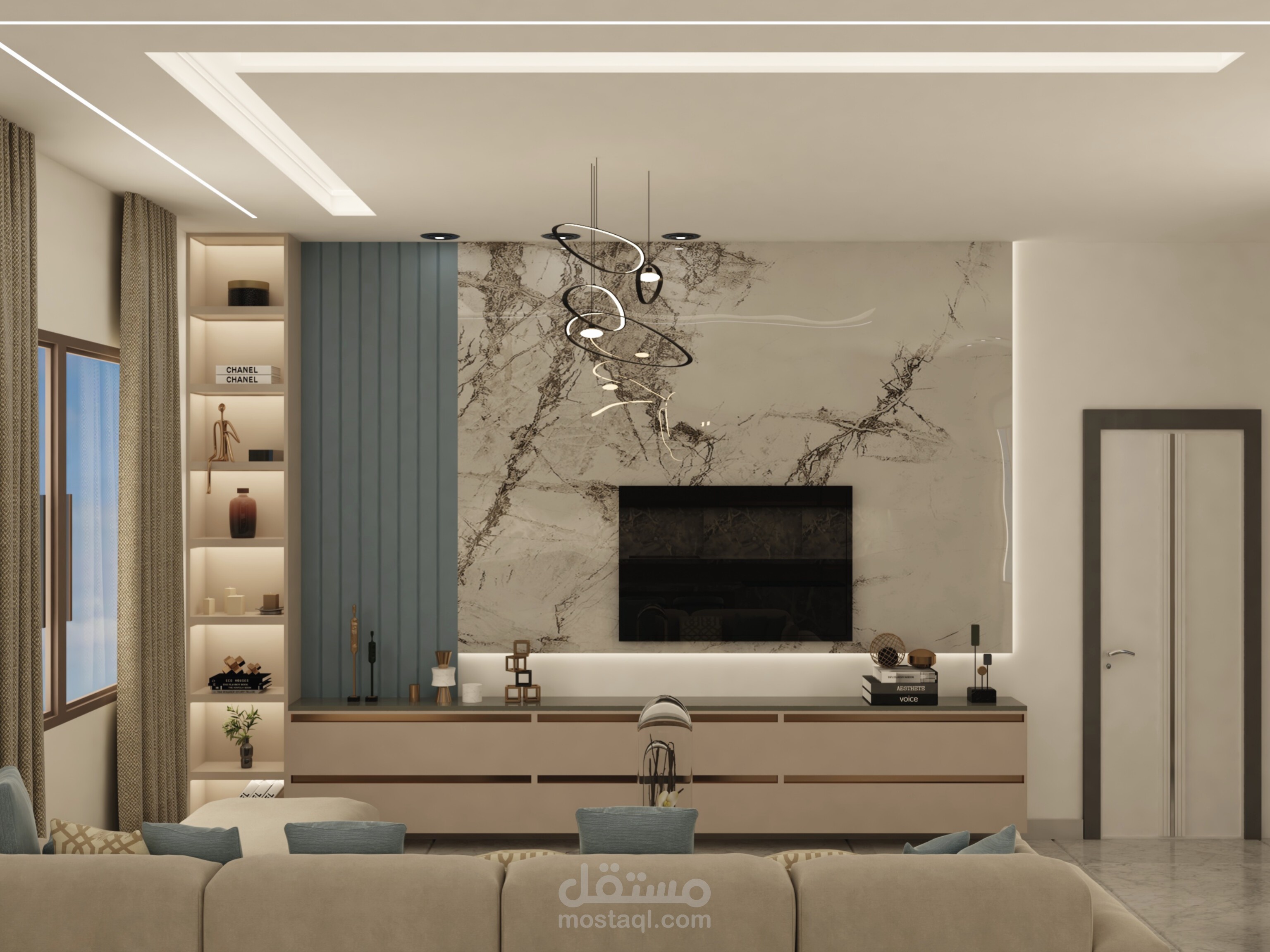 تصميم الديكور الداخلي لغرفة معيشة مع مطبخ اميركي