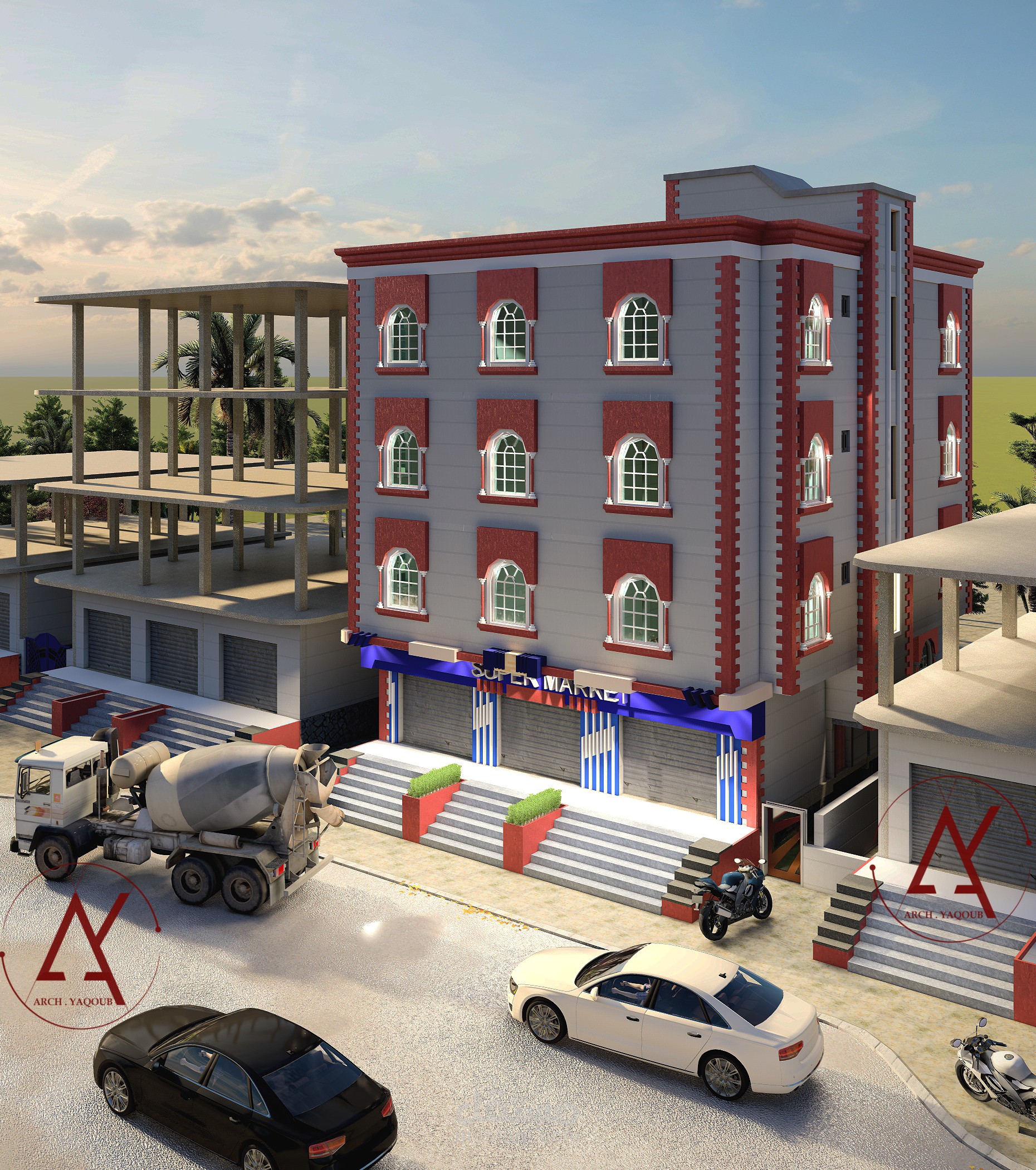 تصميم عمارة سكنية 3 طوابق & محلات تجارية في الدور الارضي