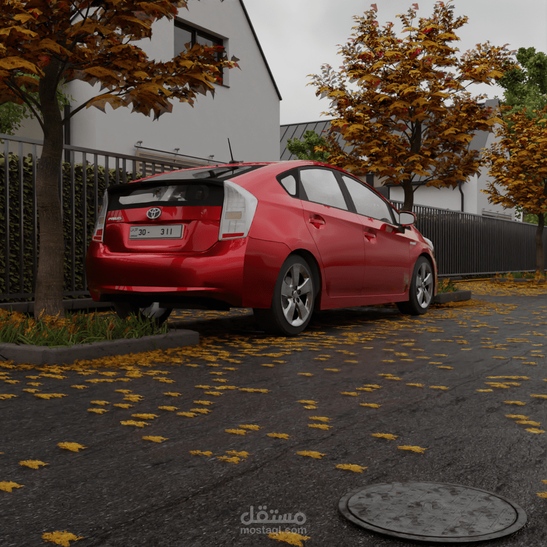 لقطة خريفية هادئة بسيارة بريوس