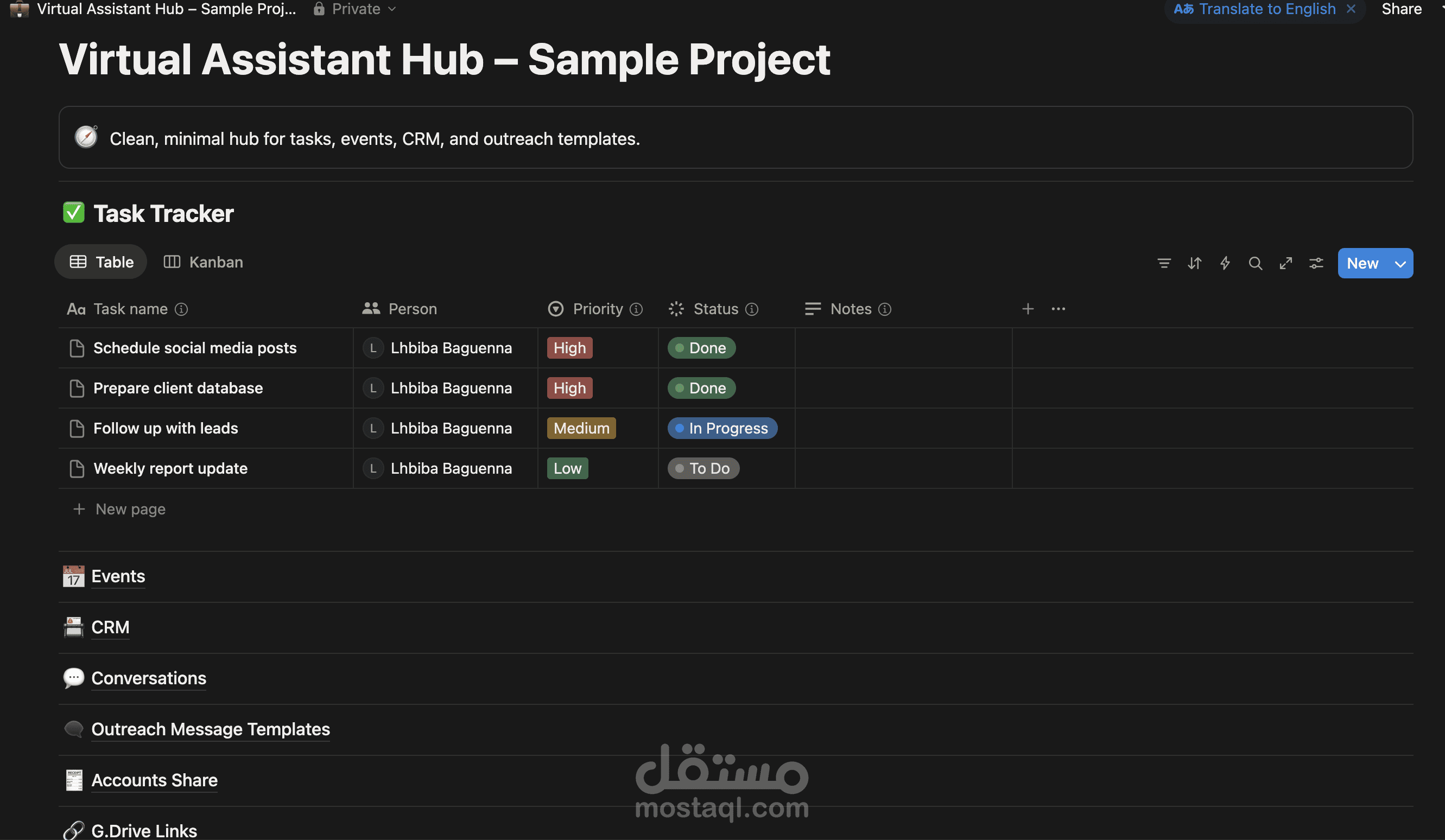 Virtual Assistant Hub – Sample Project (Notion Demo)
