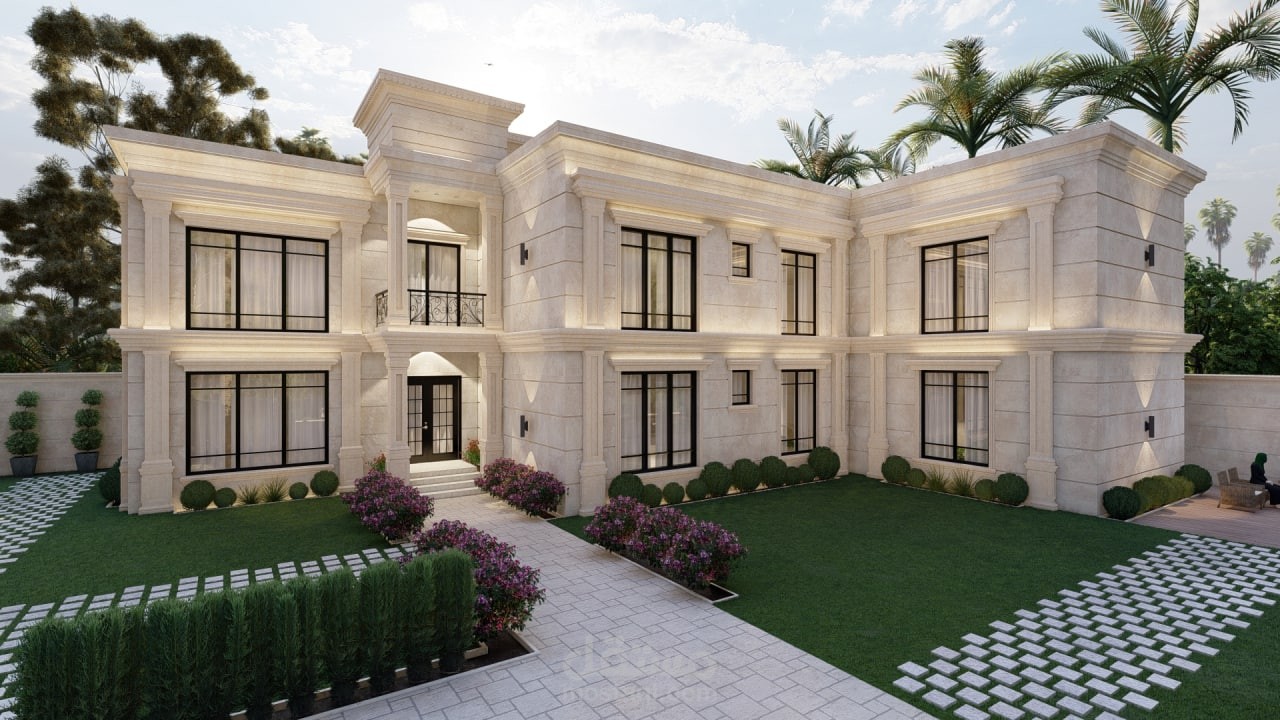 تصميم  معماري لواجهات فيلا سكنية على طراز النيوكلاسيك- تصميم لاندسكيب
