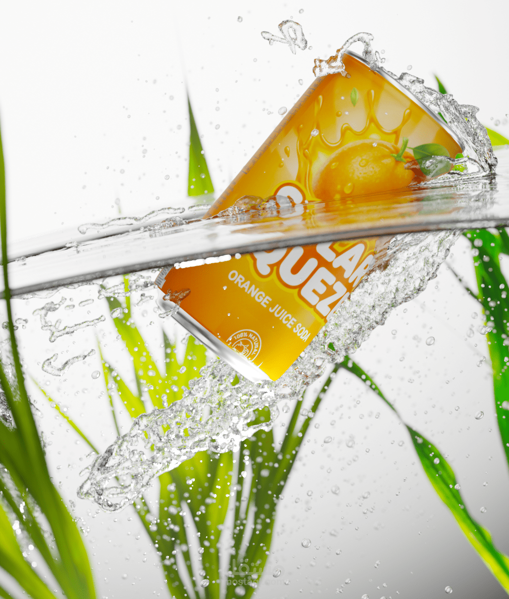تصميم إعلان تجاري ثلاثي الأبعاد لمنتج مشروب غازي (Orange Squeeze)