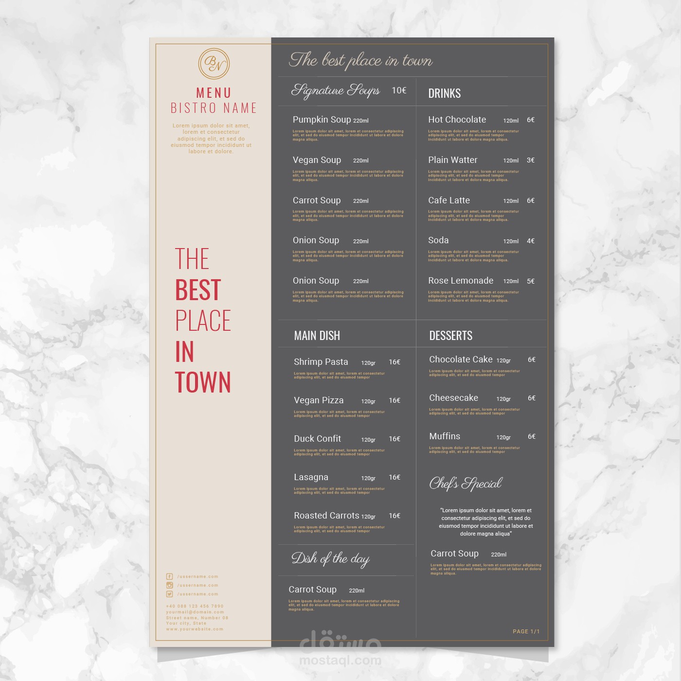 menu for resturant