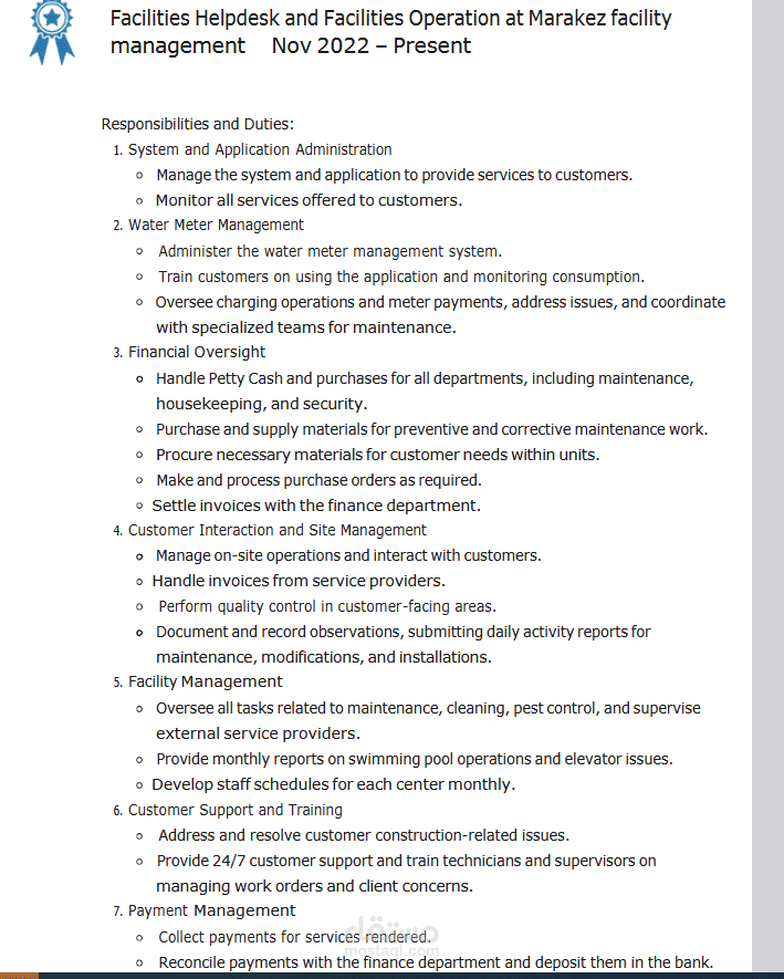 Facilities Helpdesk and Facilities Operation at Marakez facility management