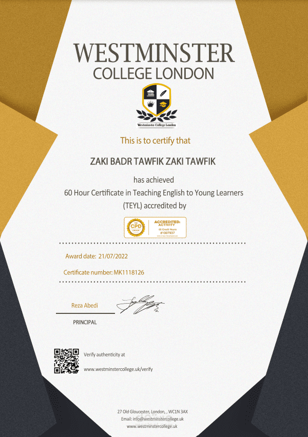 شهادة تدريس الإنجليزي للاطفال من جامعة Westminster  لندن
