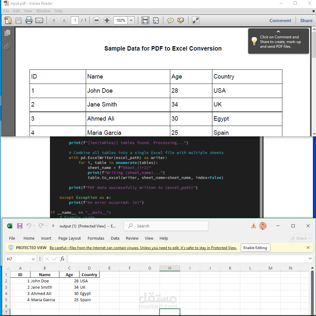 Script to convert data in pdf file to excel file