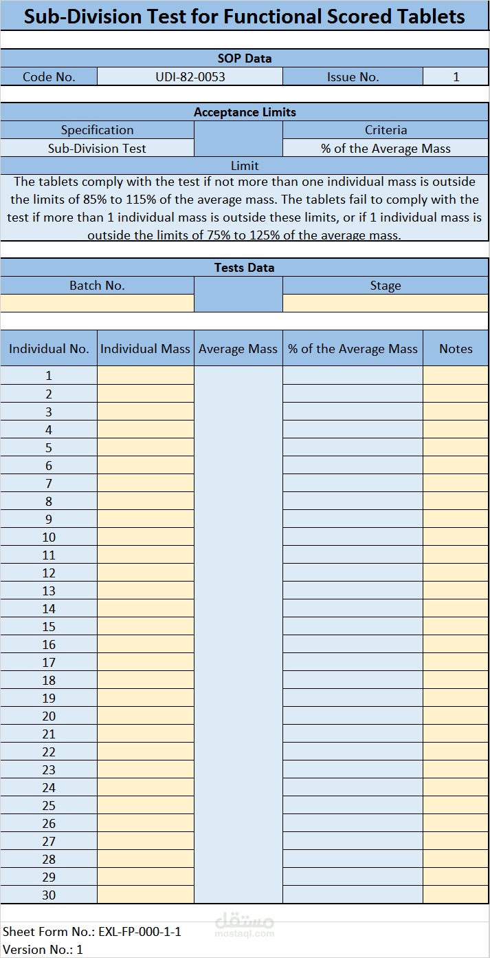 إنشاء جداول Excel لحساب Sub-Division Test for Functional Scored Tablets