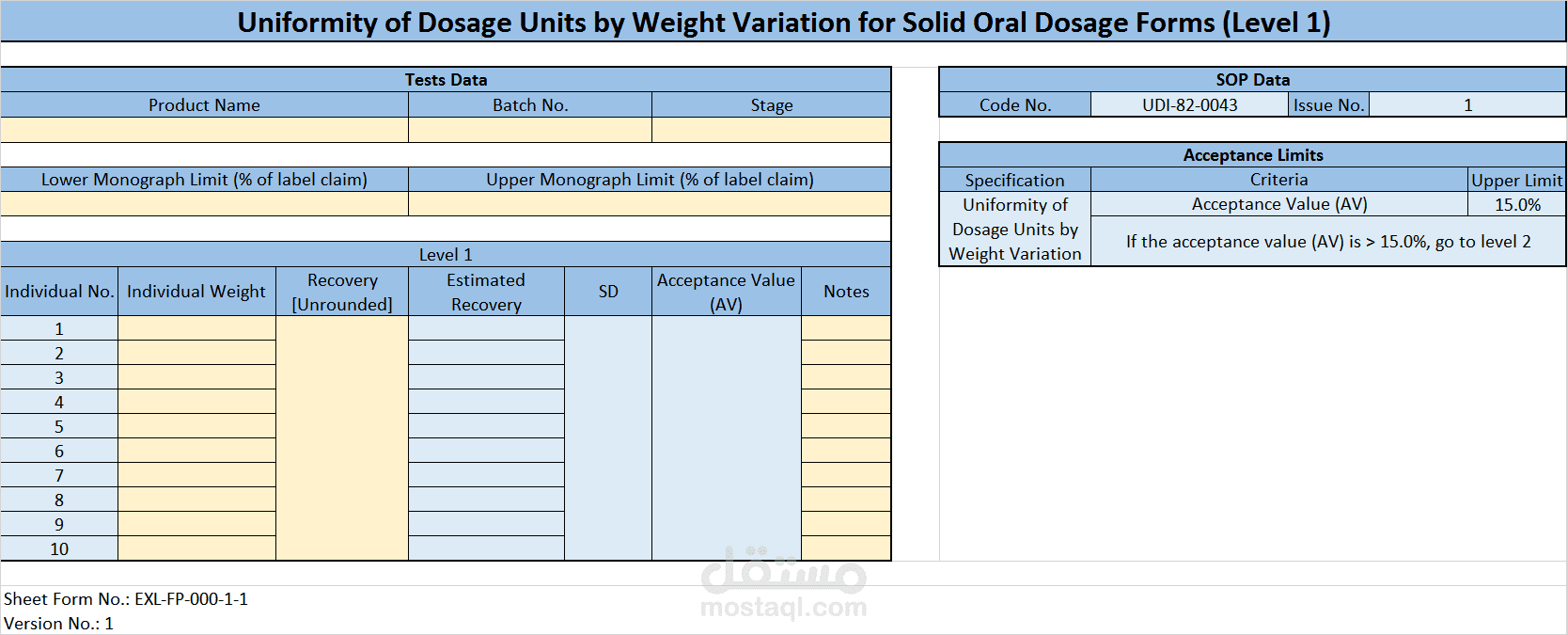 إنشاء جداول Excel لحساب Uniformity of Dosage Units