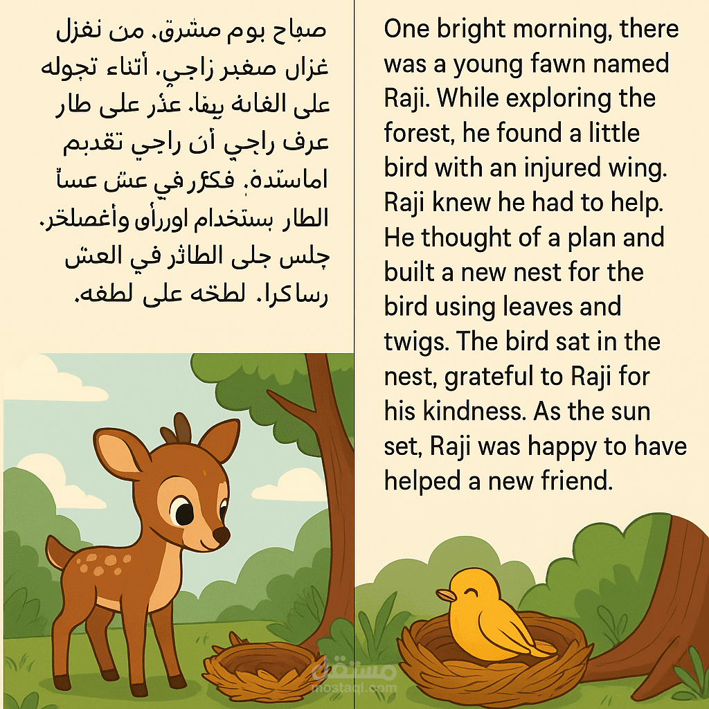 النصف الأيمن: مكتوب باللغة الإنجليزية.  يحكي قصة عن غزال صغير اسمه Raji، وجد طائرًا مصابًا بجناحه.  Raji قرر مساعدته وبنى له عشًا جديدًا باستخدام الأغصان والأوراق.  في النهاية، جلس الطائر في العش ممتنًا، وRaji شعر بالسعادة لأنه ساعد صديقًا جديدًا.