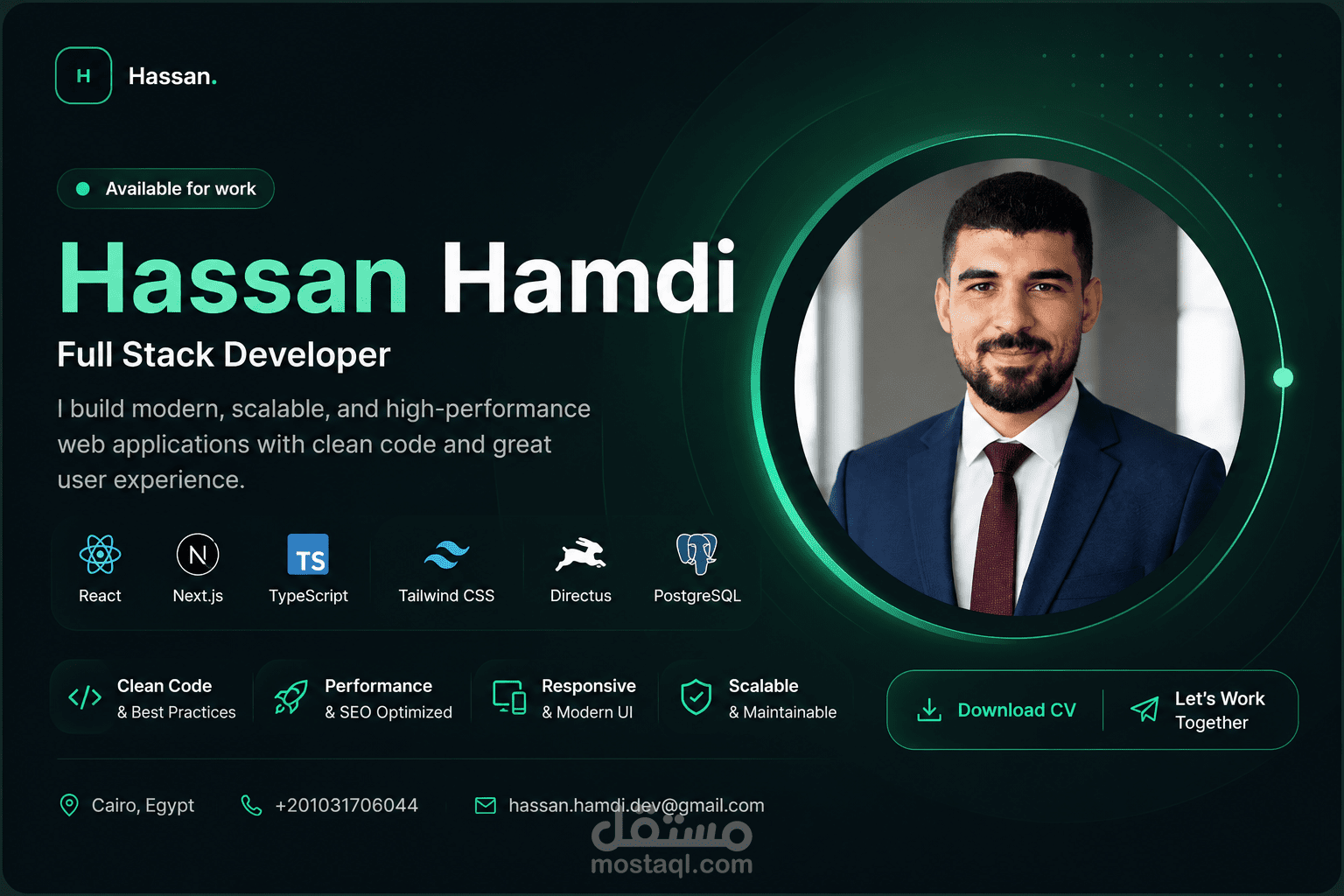 موقع شخصي احترافي لمطور Full-Stack باستخدام React و Next.js