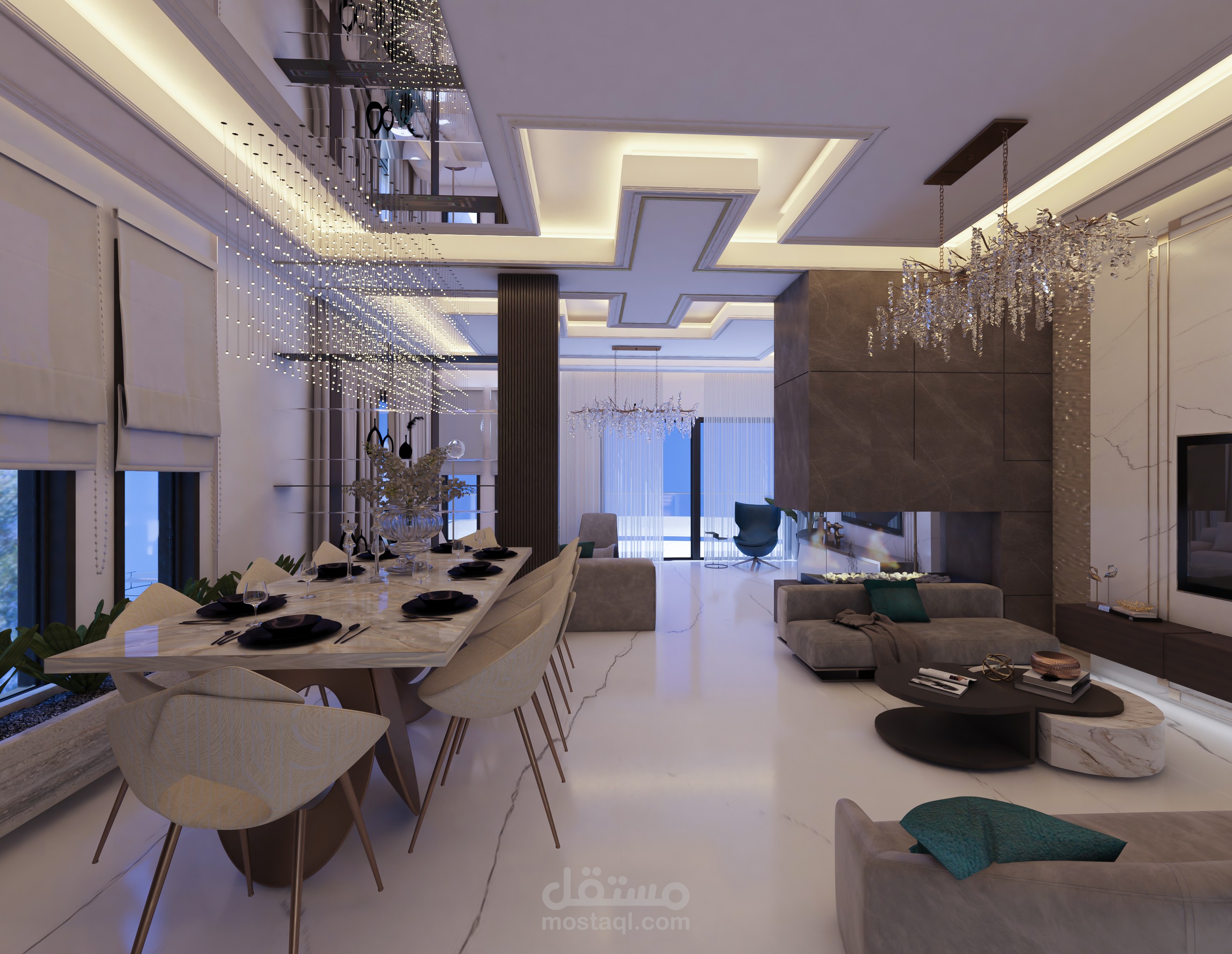 غرفة جلوس مودرن مع ركن سفرة