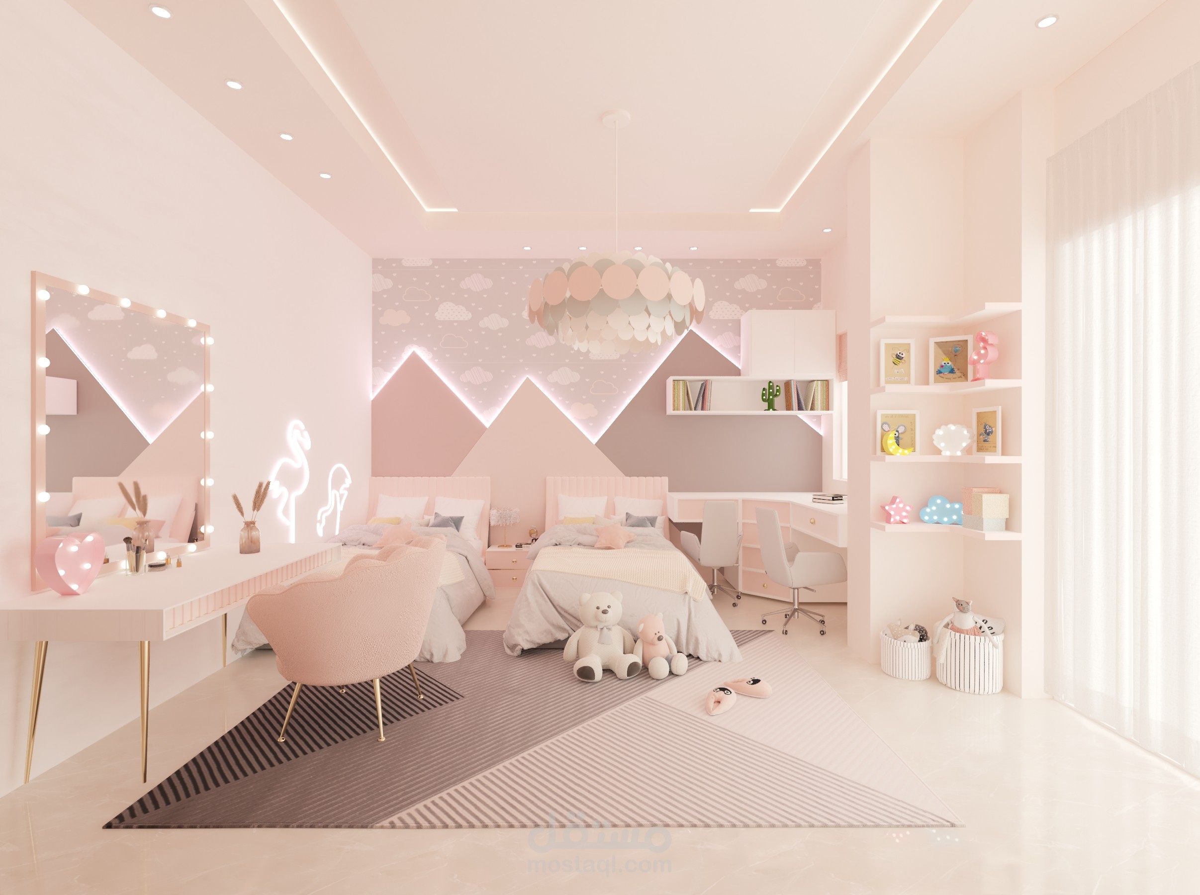 girls bed room design (تصميم غرفة نوم للفتيات )