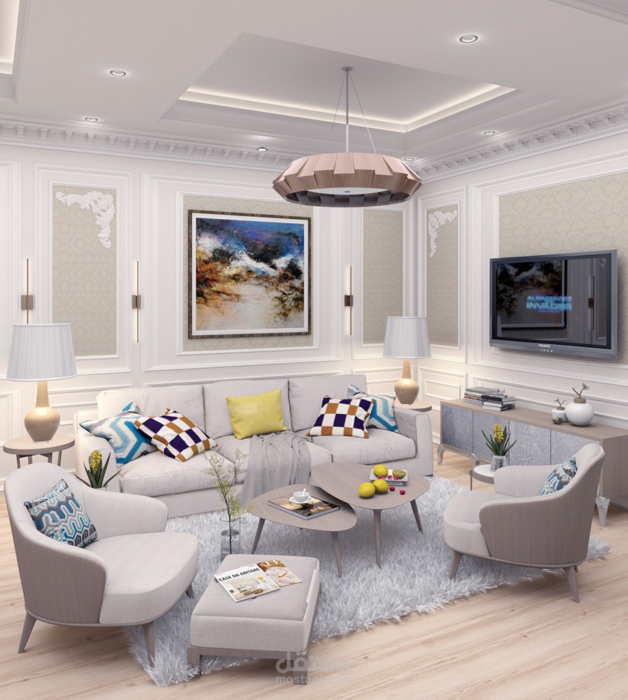 تصميم صالة للمعيشة مع ركن للطعام في السعودية-نيو كلاسيك