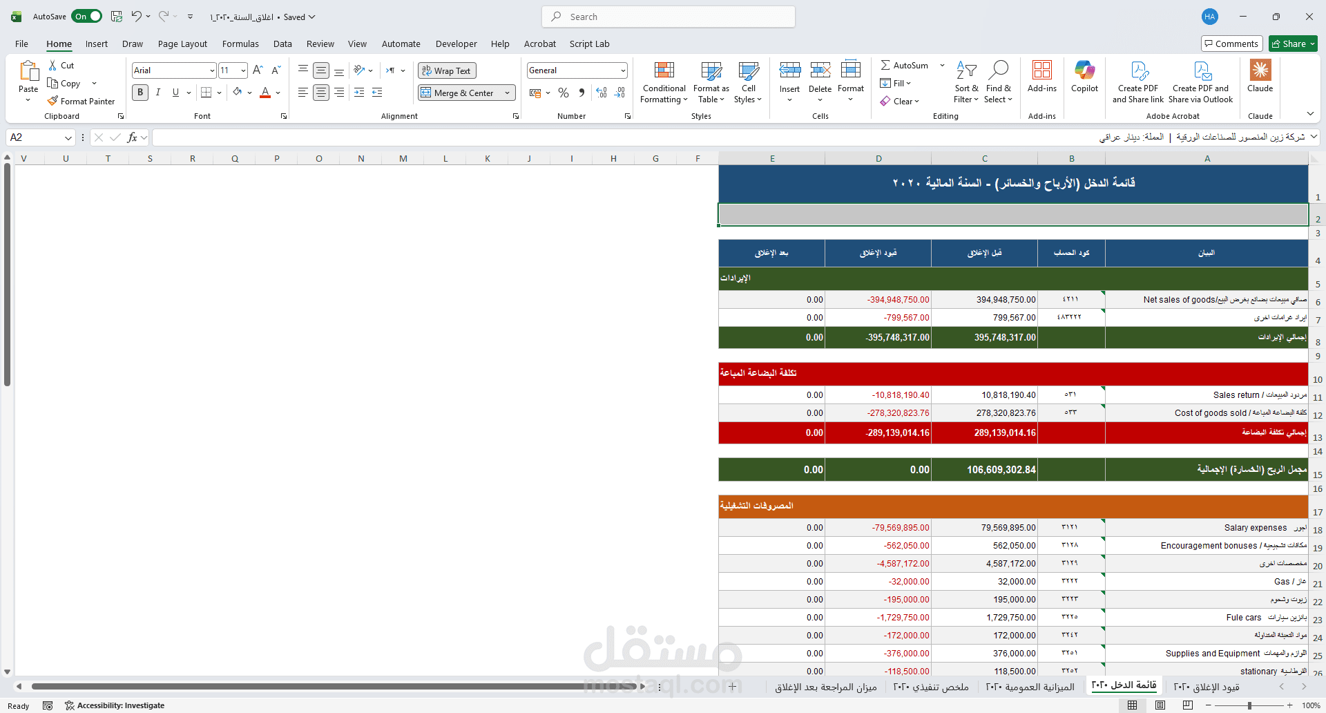 أعداد القوائم المالية عن طريق أكسيل شيت