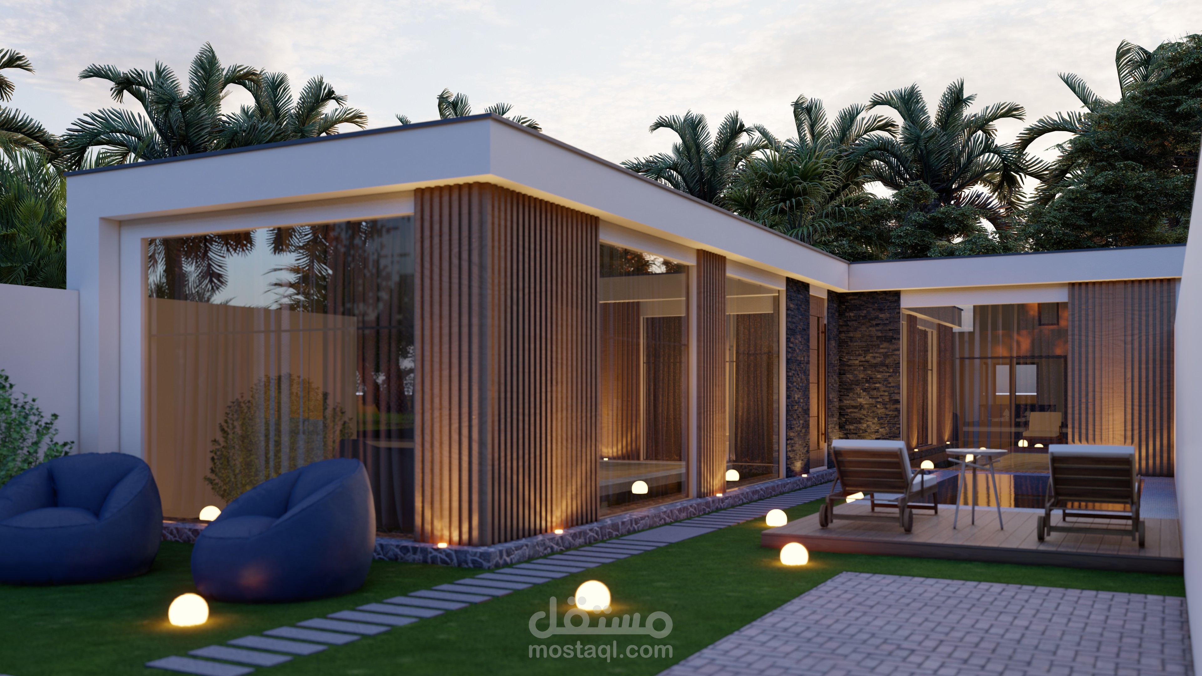 تصميم شاليهين متلاصقين مع اللاندسكيب مع تصميم السور في السعودية