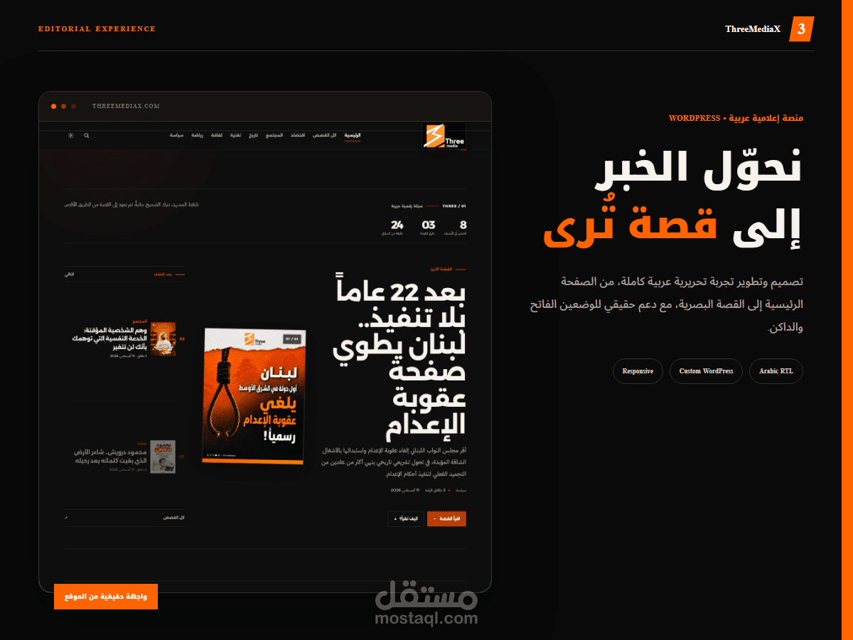 تصميم وتطوير منصة ThreeMediaX للقصص البصرية على WordPress