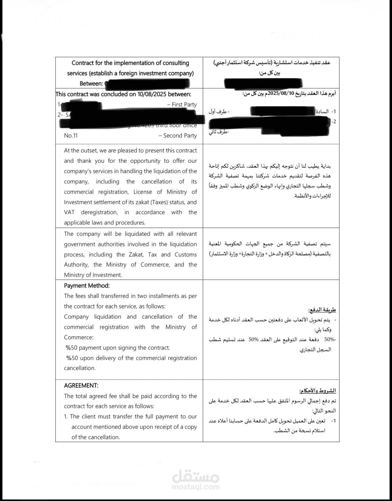 ترجمة قانونية وتجارية لعقد تأسيس شركة استثمار أجنبي (من العربية إلى الإنجليزية)