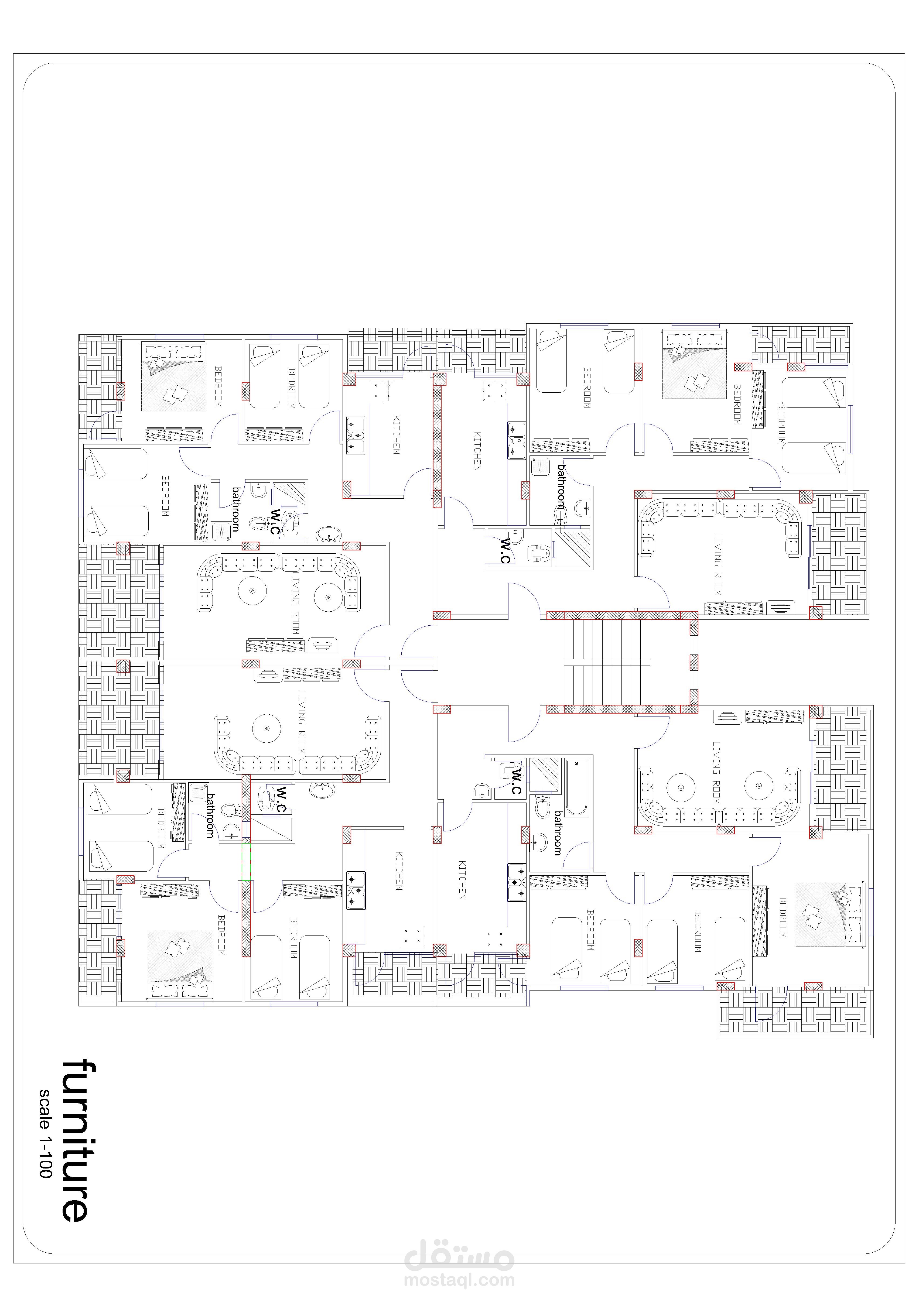 رسم مسقط أفقي مع الفرش لبناء من أربع شقق في الطابق الواحد على برنامج اوتوكاد