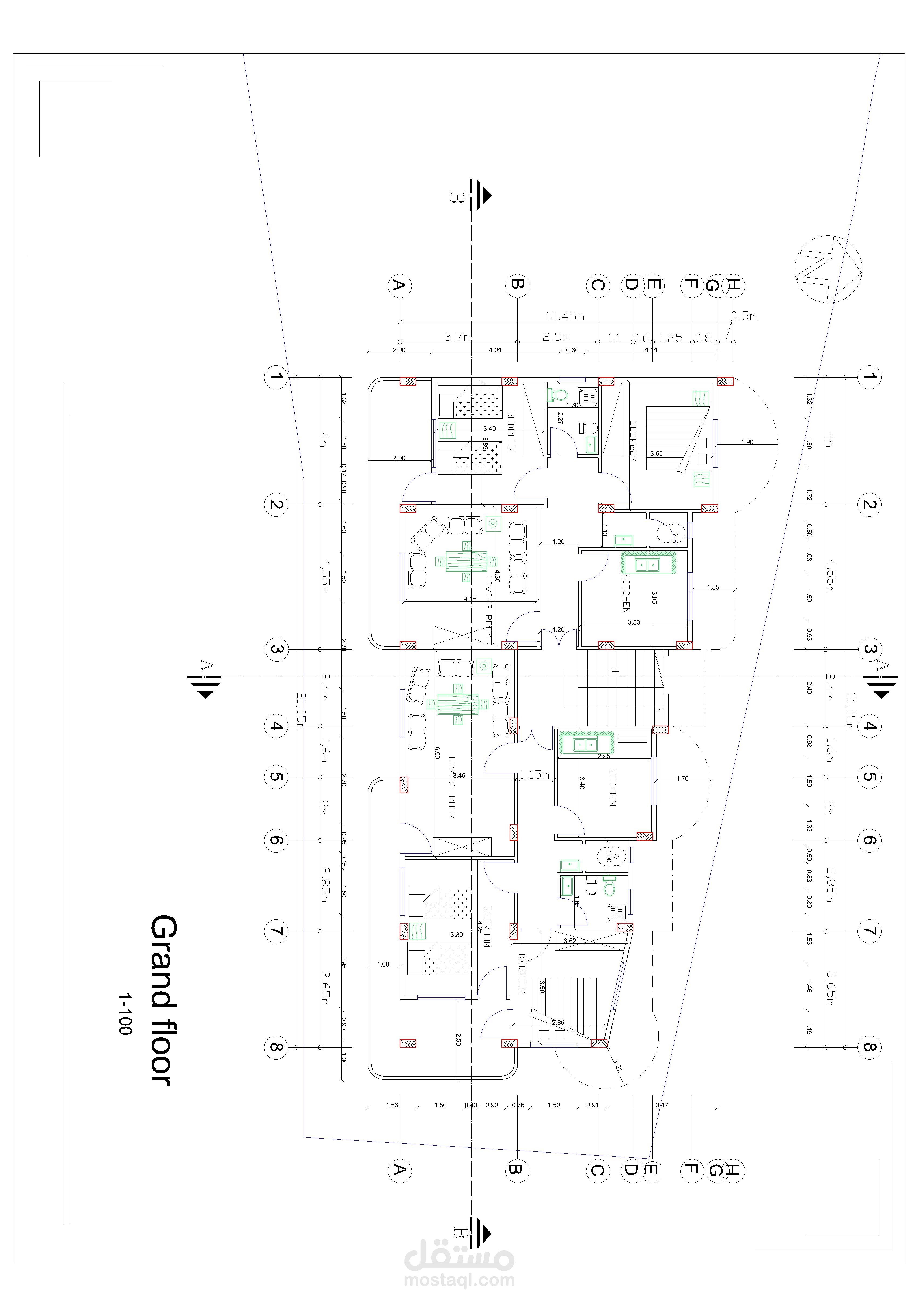 رسم مسقط أفقي لبناء من شقتين على برنامج اوتوكاد