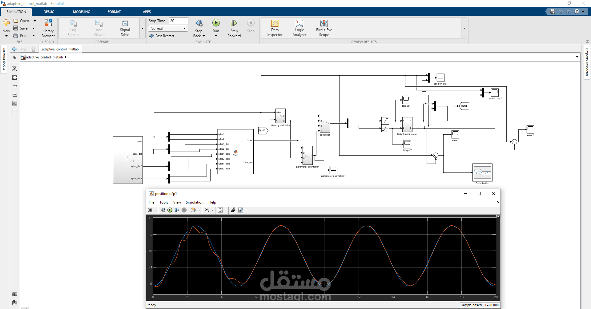 فهم الورقة البحثية المرفقة adaptive control robotic وبرمجتها على Matlab / Simulink للحصول على نفس النتائج الموجودة في الورقة البحثية.