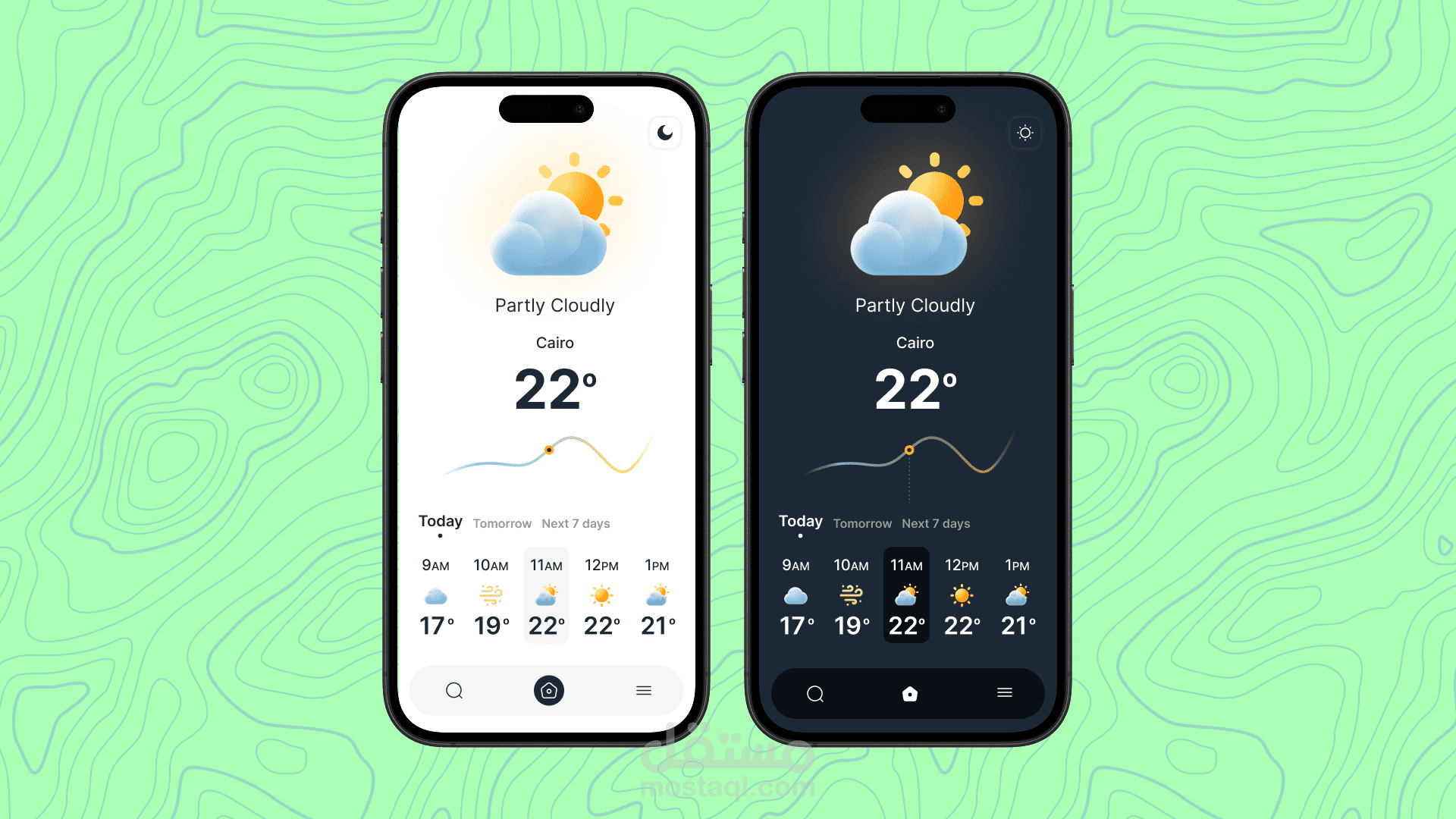 تطبيق موبايل للطقس (Weather app) Dark & Light Mood