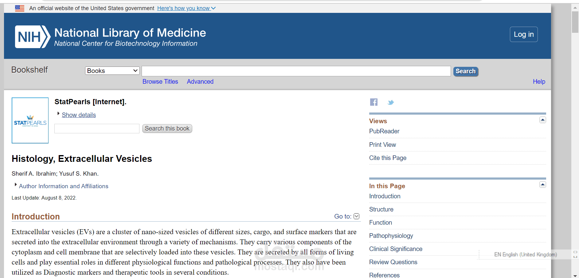 فصل في كتاب يشرح Extracellular vesicles منشور على Pubmed
