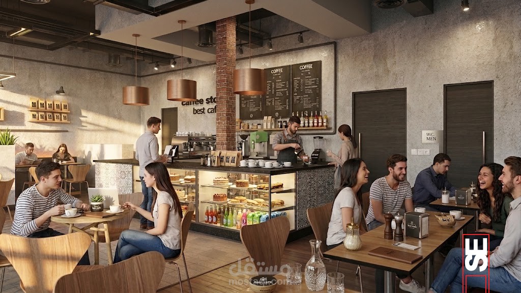 تصميم كافيه فاخر بطابع صناعي | Luxury Industrial Café Interior Design
